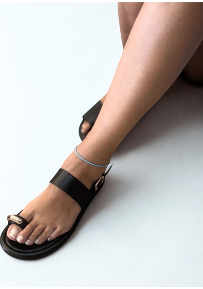 Ne&ve Shoes Siyah Hakiki Deri Parmak Arası Kadın Günlük Sandalet