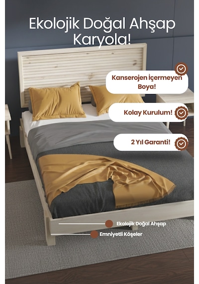 Ebruli Yatay Başlıklı Masif Ahşap Karyola Ceviz 90x200