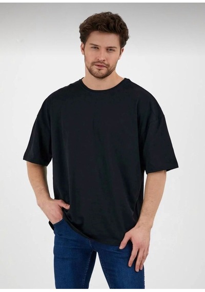 Erkek Oversize Pamuklu Bisiklet Yaka Kısa Kollu T-shirt SIYAH