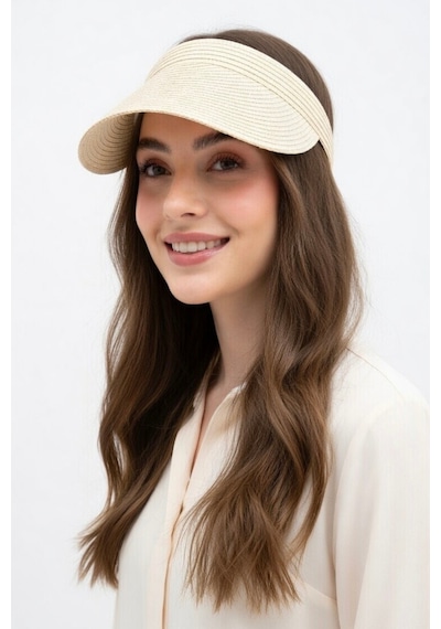 Mollycrush Kadın Luxury Krem Rengi Taç Model Hasır Vizör Şapka Tesettür Uyumlu Tenis Golf Siperlik Krem