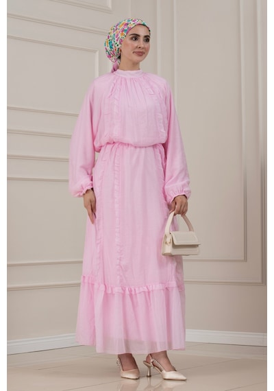 Sevitli Fırfır Detaylı Kuşaklı Eylül Elbise-pembe-5801