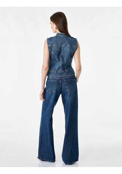 Koton Pamuklu Cepli Yuvarlak Yaka Kolsuz Denim Military Yelek Orta İndigo 7wal20008md