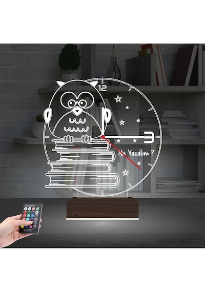 Luvivia Baykuş Kitap Öğretmene Hediye Kişiye Özel Saatli 3d Lamba - Masa Gece Lambası