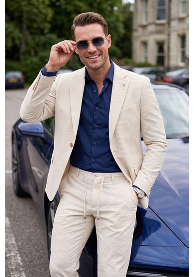 Deepsea Erkek Slim Fit Dar Kesim Çizgili Gofre Kumaş Bej Takım Elbise Tek Düğme İpli Pantolon 2602311 Deepsea Erkek Slim Fit Dar Kesim Çizgili Gofre Kumaş Bej Takım Elbise Tek Düğme İpli Pantolon 2602311