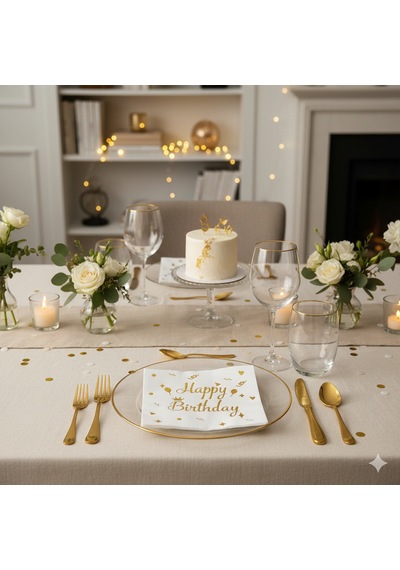 Varaklı Happy Birthday Beyaz Gold Baskılı Peçete 20'li Doğum Günü Parti Peçetesi +3