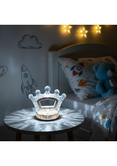 Buffer Kral Tacı Model Kristal Led Masa Lambası Dokunmatik, 3 Renk Işık Modlu, Şarjlı Mini Dekoratif Gece Lambası Şeffaf