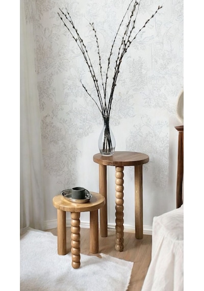 Ahşap 2 Li Set Yan Sehpa Modern Fiskos / Çiçeklik Natural Renk Vernikli Cilalı Ahşap