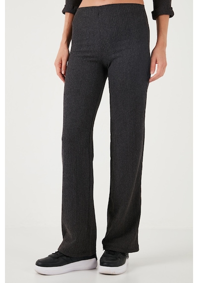 Lela Slim Fit Yüksek Bel Geniş Paça Dokulu Bayan Pantolon 5865944 Antrasit