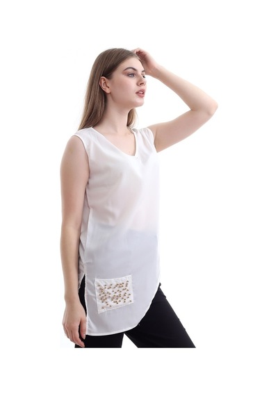 Self Clothing Kadın Beyaz V Yaka Cep Ve Yırtmaç Detaylı Bluz Slf1246-Beyaz