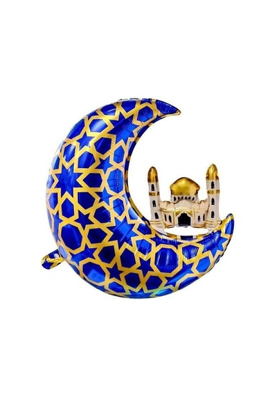 65 X 63 Cm Folyo Balon Mavi Gold Desenli Cami Figürlü Hilal - Ramazan Süs Balonu Çok Renkli