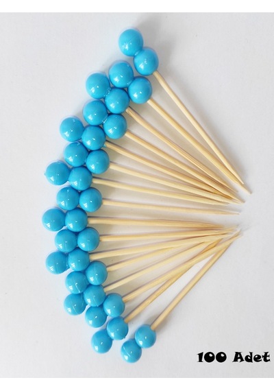 100 Adet Çift Boncuklu Mavi Baby Shower Kürdanı 6 cm - Boncuk 8 mm - Mavi Pasta Kürdanı