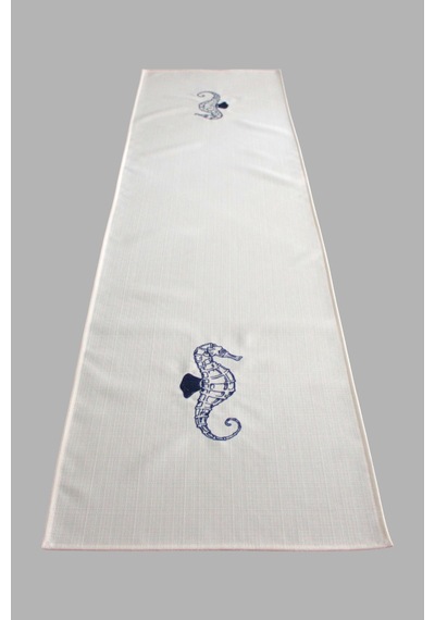 Marin Masa Örtüsü Nakışlı Deniz Atı Runner 145x40 Su İtici Outdoor Keten Tekne Bahçe Salon Mutfak Krem