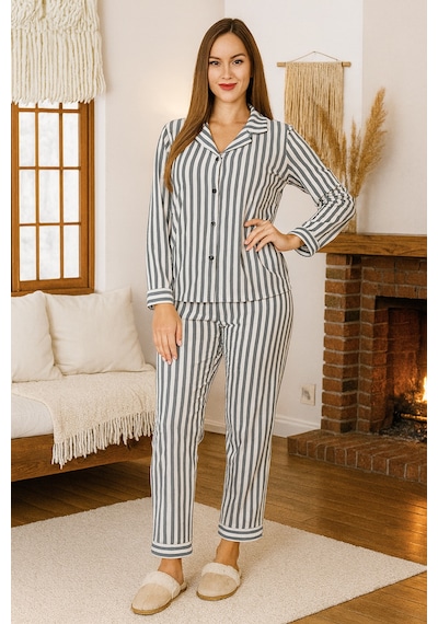 Remsa Kadın Çizgili Desen Suprem Önü Düğmeli Pijama Takımı 0495 Antrasit Antrasit