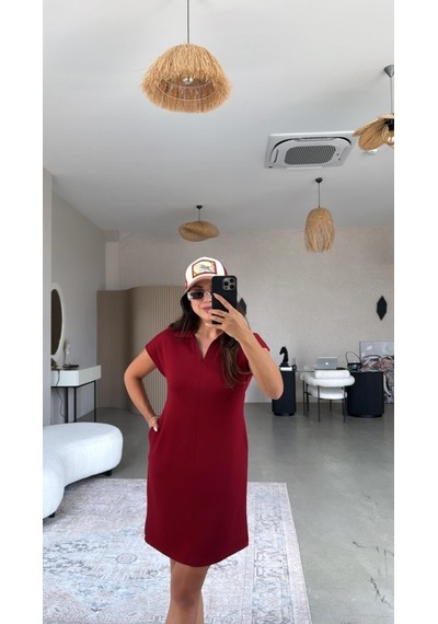 Hazego Kadın Polo Yaka Mini Elbise Bordo