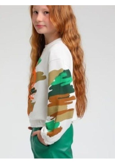 Kız Çocuk Arı Maya Baskılı Kamuflaj Sweatshirt-13654 Beyaz