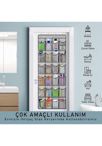 Kapı Arkası Ayakkabı Organizer 24 Gözlü Askılı Dolap İçi Düzenleyici 4 Kancalı Gri Diğer