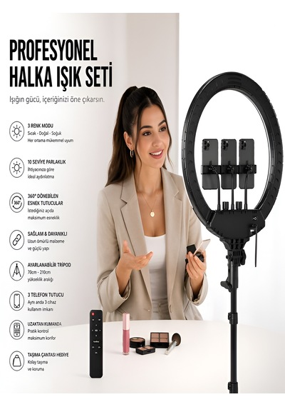 6000k 80w Led Halka Işık 56cm 360 Ayarlı 2 Usb Çıkışlı Kumandalı Fotoğraf Video Işığı Çantalı
