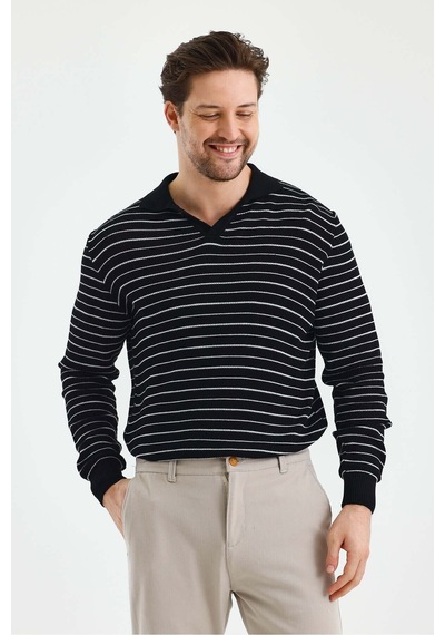Cool Tarz Erkek Patlı Slim Fit Çizgi Detaylı Uzun Kollu Polo Yaka Triko Kazak Siyah Siyah