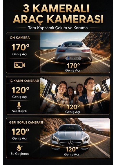 SN-38 Wİ-Fİ 3 Kameralı Araç Içi Kamera Full Hd 1080P Ön Arka Iç Kamera Ir Gece Görüşü G-Sensör Dashcam