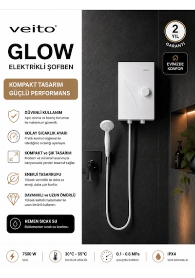 Veito Glow 7-8.3kw Ani Su Isıtıcısı - A Sınıfı Enerji Tasarruflu, Hassas Sıcaklık Kontrollü Şofben Elektirikli Şofben Montaj Dahil Değildir.