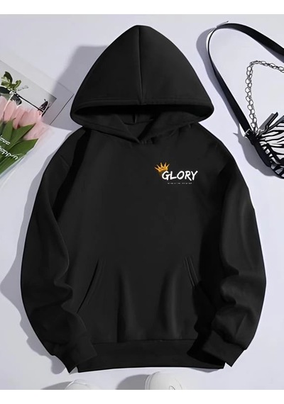 Velmora Fashion Kadın Oversize Kapüşonlu Kanguru Cepli Baskılı 3 İplik Pamuklu Sweatshirt Hoodie - Siyah