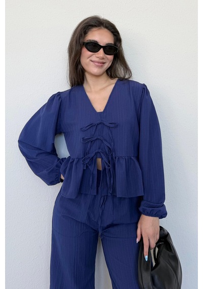 Madmext Lacivert Önü Bağlamalı Bluz Pantolon Takımı Mg2343 Lacivert