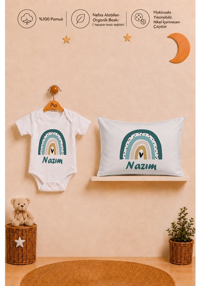 Pia Baby İsimli Erkek Bebek Hediye Seti %100 Pamuk Organik Baskılı Body Yastık Kılıfı Ve Ham Bez Bebek Kıyafet Kesesi 1092byk3x Ekru
