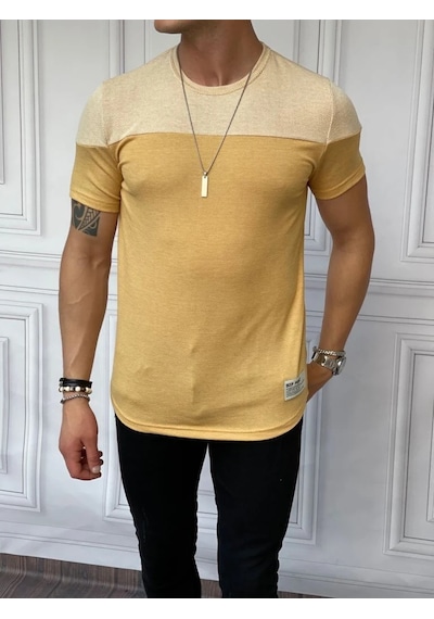 Modefendi Çift Renk Parçalı Detaylı Pamuk Örme Slimfit Tshırt Sarı