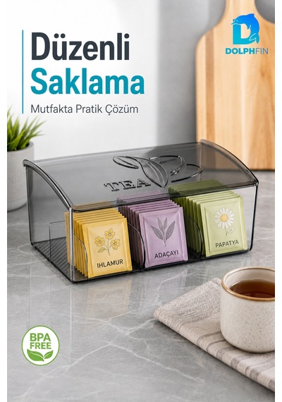 3 Bölmeli Kapaklı Şeffaf Çay Kutusu Poşet Çay Organizeri 22x17x9 Cm Bpa İçermez