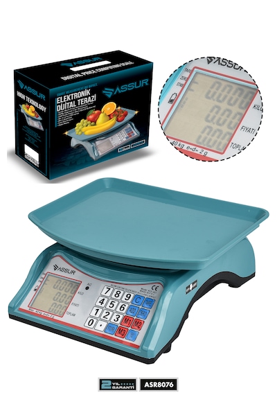 Assur Asr8076 Akülü Dijital Mutfak Terazisi 2 Gr 40 Kg Şarjlı Hassas Ölçüm Tartı Hassas Terazi Mavi