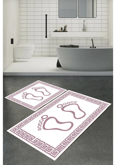 Dijital Baskılı Yıkanabilir Ayak İzi Desenli Kaymaz Taban 2'li Banyo Paspas Seti Renkli