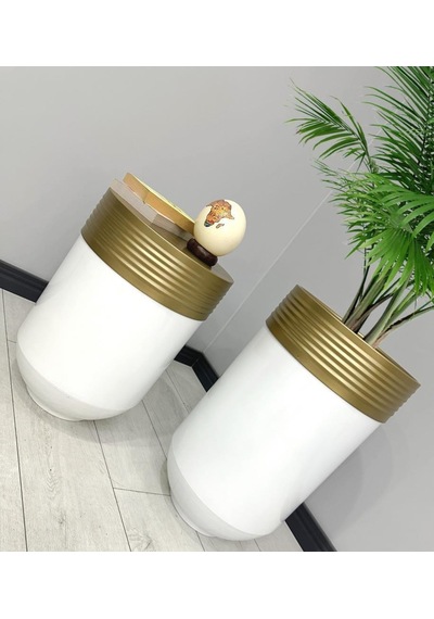 Elegant Dekoratif Eskitme Darbuka Parlak Beyaz Saksı 70cm + Sehpa 60cm İkili Set