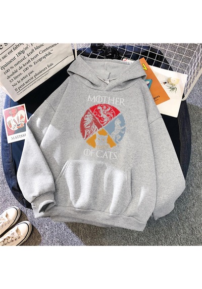 Startmore Startmorekedi Aile Kedilerin Annesi Baskılı Eşofman Kadın Yenilik Moda Hoody Spor Gevşek Büyük Boy Hoo Gri