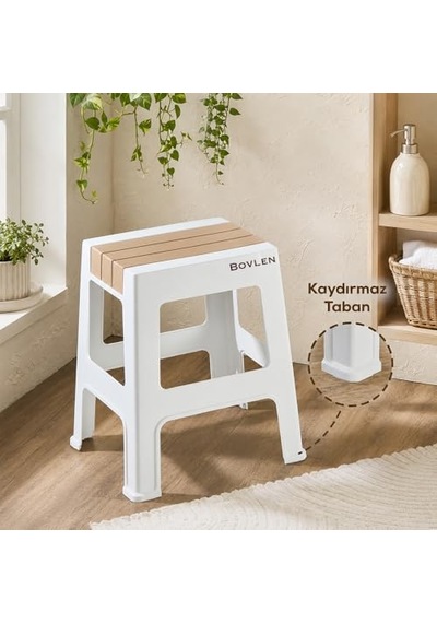 Kaymaz Tabanlı Ev Ofis Taburesi - 120 Kg Taşıma Kapasiteli Kaymaz Banyo Taburesi - Çocuk Taburesi - 35x45x40 Cm Büyük Turuncu Açık Bej