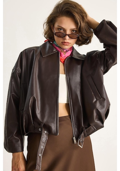 Shade Kadın Oversize Tokalı Deri Ceket 3137 60284058 - Kahve