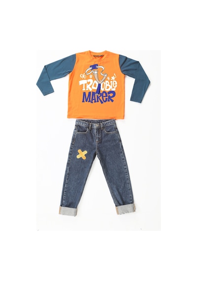 Casabony Trouble Maker Denim Pantolon +T-Shirt Takım-Indigo - Turuncu İndigo - Turuncu