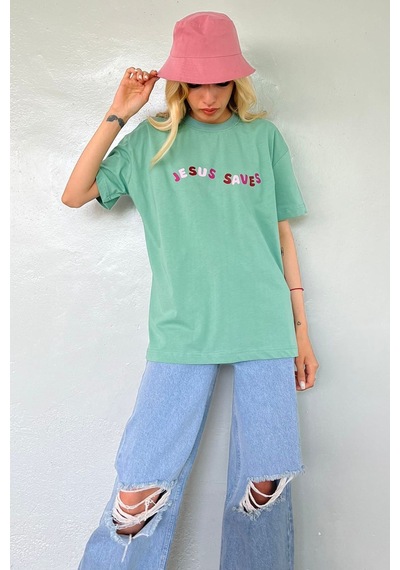 Mint Yeşili Baskılı Oversize Tişört Mg1517
