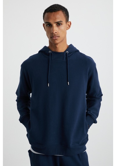 Grimelange Alessıo Erkek %100 Pamuk Kapüşonlu Kordon Detaylı Oversize Fit Lacivert Sweatshirt Lacivert