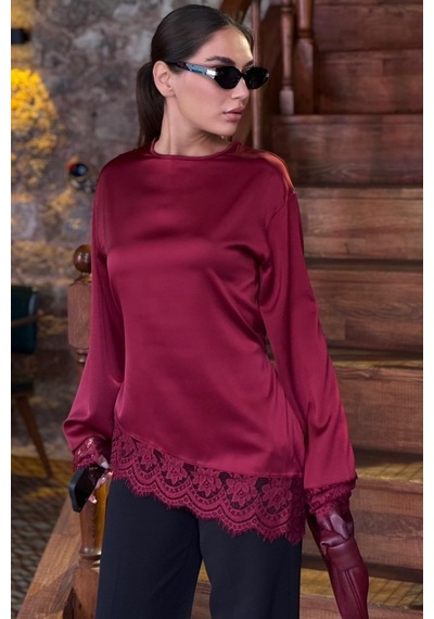 Madmext Bordo Asimetrik Dantelli Uzun Kollu Saten Bluz Mg2799