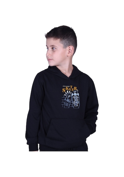 Fyk Kids Kapüşonlu Kanguru Cepli Skater Baskılı Erkek Çocuk Sweatshirt Siyah
