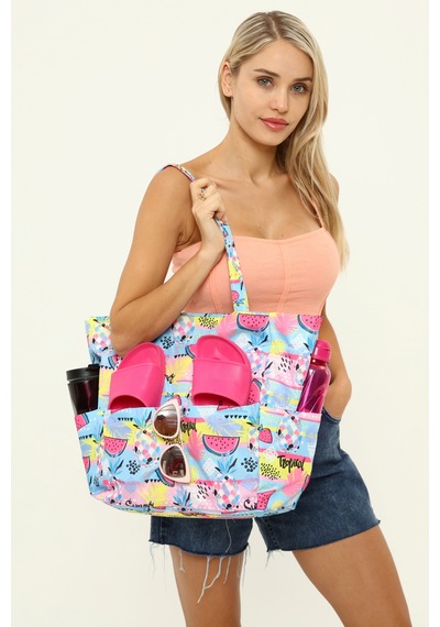 İcone Bag Kadın Çantası, Fonksiyonel Baskılı Plaj Çanta, Beach Bag, Karpuz Tropical Desenli Fermuarlı Çanta Mavi - Pembe