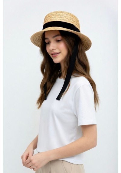 Mollycrush Kadın Bağlamalı Hasır Boater Şapka Siyah Kurdele Detaylı Vintage Gondolcu Yazlık Stil Hasır
