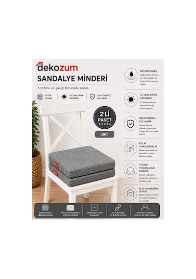 Comfort Plus Sandalye Koltuk Minderi 40x40 Bağcıklı Fermuarlı Yıkanabilir Balkon Bahçe Minderi 2 Li Gri 2li