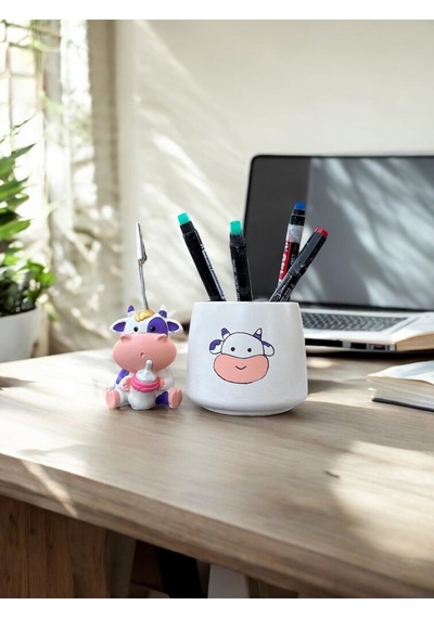 Set Mor Kawaii Sevimli İnek Fotoğraf Tutucu Not Tutacak Kalemlik Ofis Seti Hediyelik Mor İnek Milka