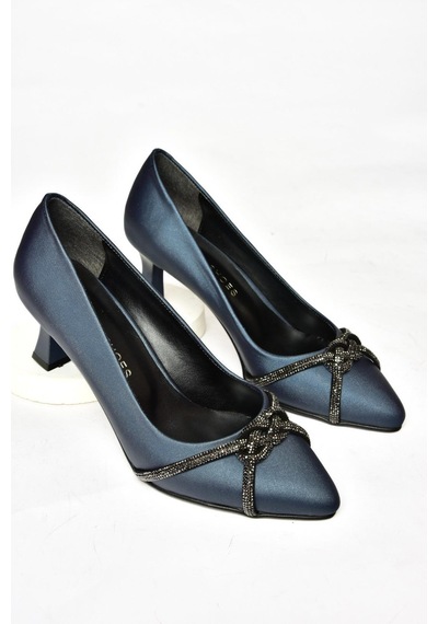 Fox Shoes S246061604 Lacivert Kumaş Kalın Topuklu Kadın Abiye Ayakkabı Lacivert