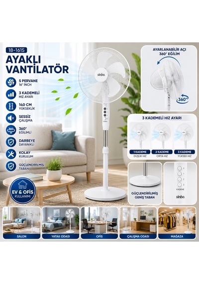 Bezos 16'' 5 Pervaneli Ayaklı Vantilatör - Sessiz, 140 Cm, 3 Kademe Nıda