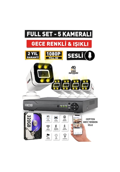 Sesli - 5 Kameralı Fullhd Gece Renkli Ve Işıklı Güvenlik Kamerası - Kamera Seti 320gb Disk