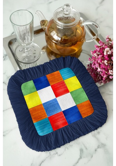 Renkli Patchwork Saçaklı Sunum Servis Altlığı Mendil - Modern Enerjik Lacivert Sunumluk Peçete Gün Batımı Krem