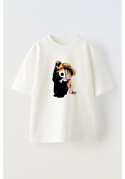 Thewert Unisex Anime Luffy Korsan Bayrak Tasarım Baskılı Pamuk Beyaz Oversize T-shirt