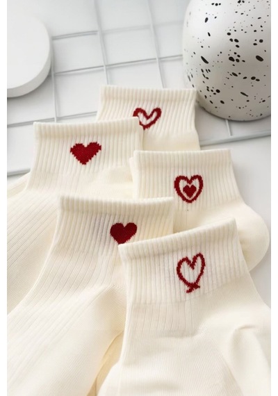 Hitit Socks Kadın 5 Çift Kalp Desenli Kısa Patik Çorap Ekru beyaz